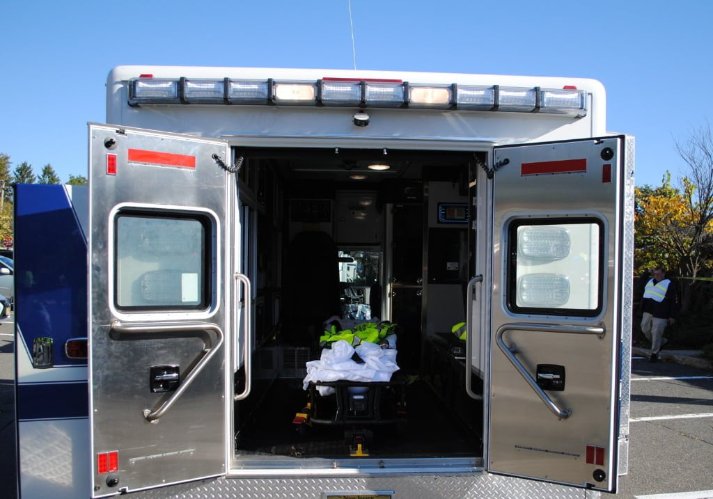 The photo shows the back of an ambulance.