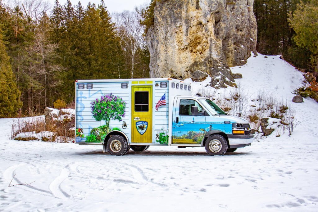 The new Mackinac Island ambulance has four-wheel drive installed by Quigley 4x4, and is powered by a 6-liter V* gasoline engine, and an automatic transmission.