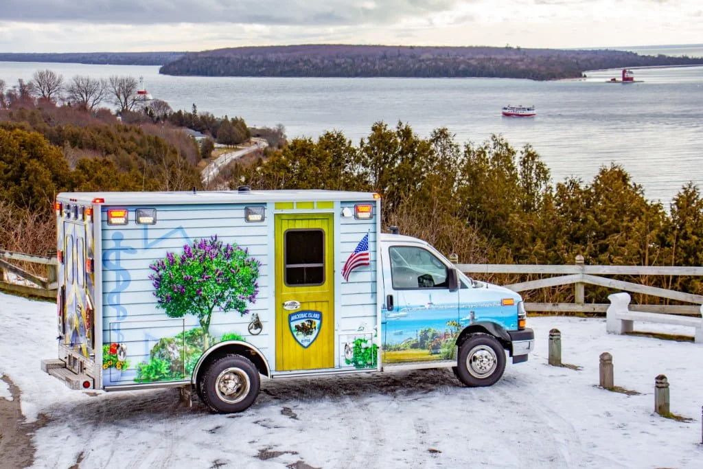 Because of the many narrow roads on the island, Mackinac Island EMS had Wheeled Coach build the ambulance module with a width of 90 inches, and length of 126 inches, with 72 inches of headroom.
