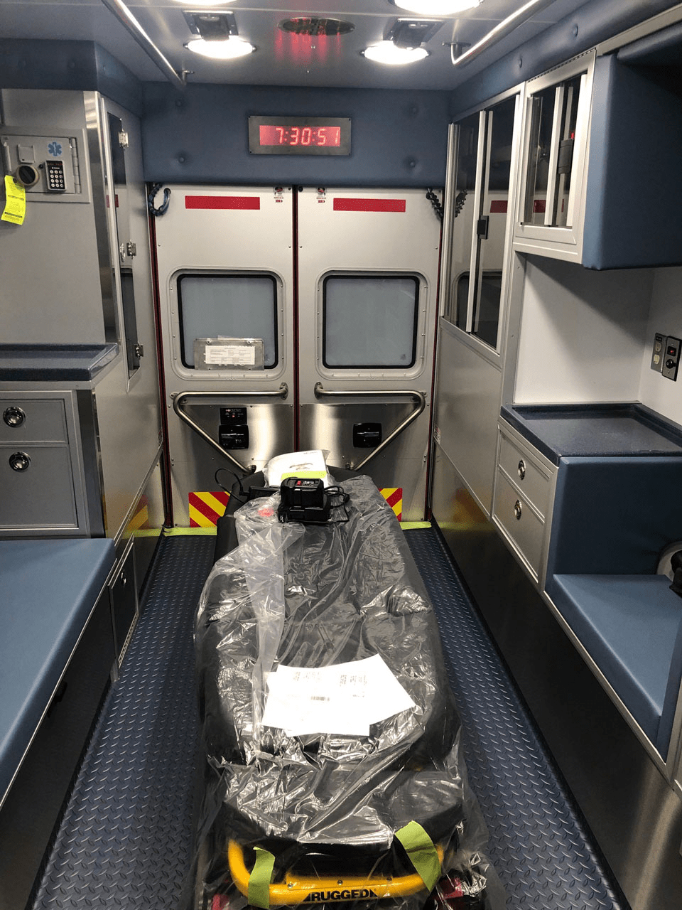 The patient module in the Needham ALS ambulance has a Stryker PowerLOAD and PowerCOT system.