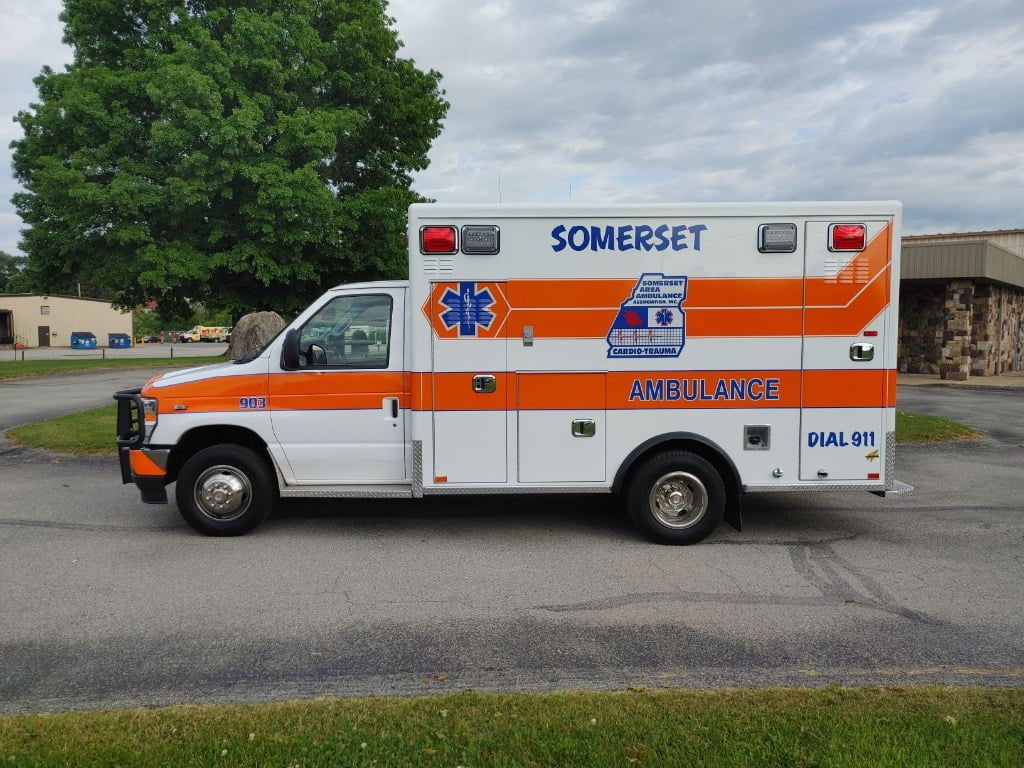 American Emergency Vehicles (AEV) built this Type 3 ambulance built on a 2021 Ford E-350 two-wheel drive chassis to Somerset (PA) Area Ambulance Association.