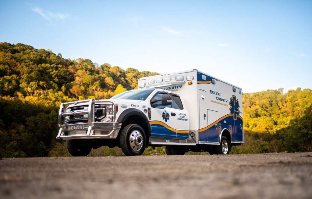Wheeled Coach built this Type 1 Critical Care Transport/Advanced Life Support ambulance for Boone County (WV) Ambulance Authority on a Ford F-450 4x4 chassis with a club cab.
