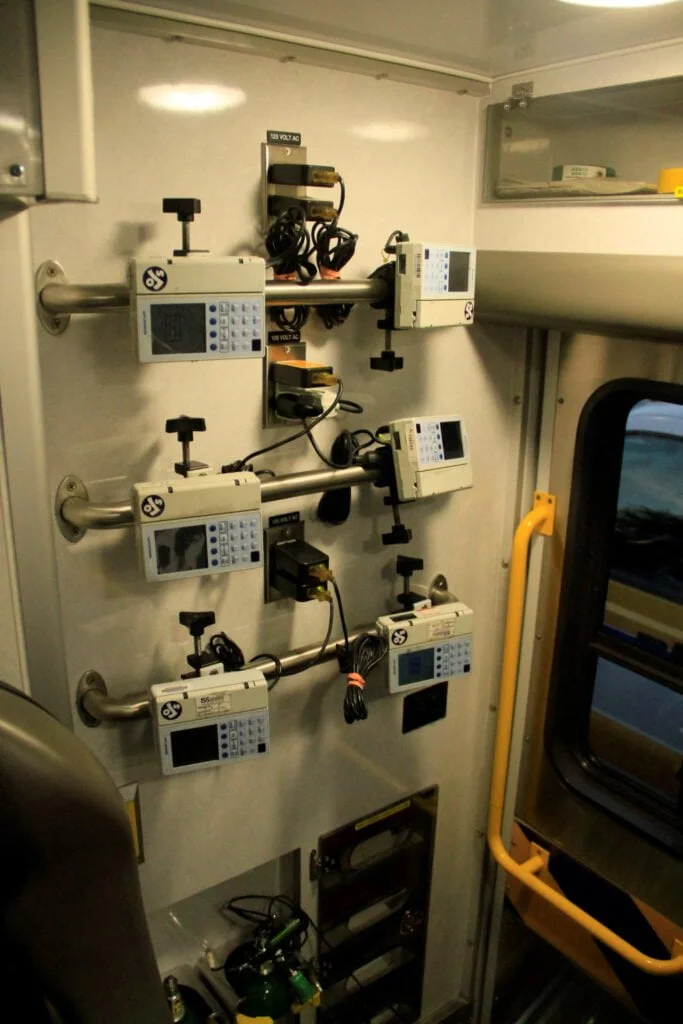 The new Wheeled Coach rig carries six Baxter IV pumps.