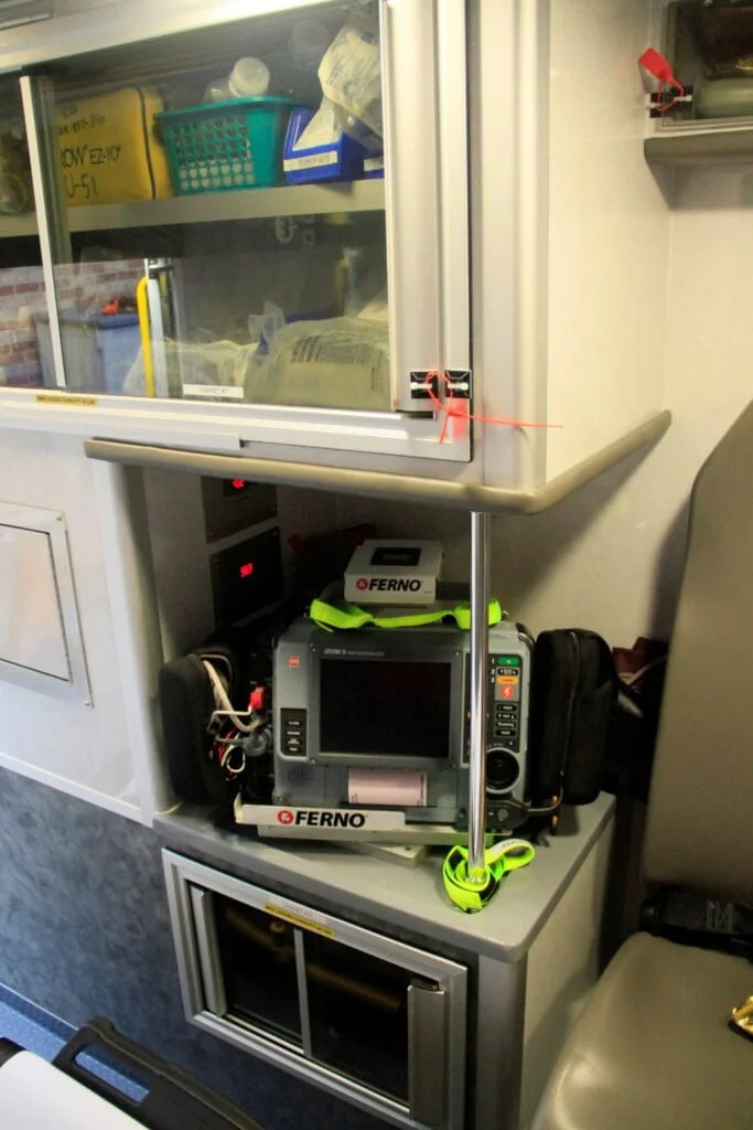 The Boone County ambulance is outfitted with a Lifepak 15 defibrillator and cardiac monitor in a Ferno mount.