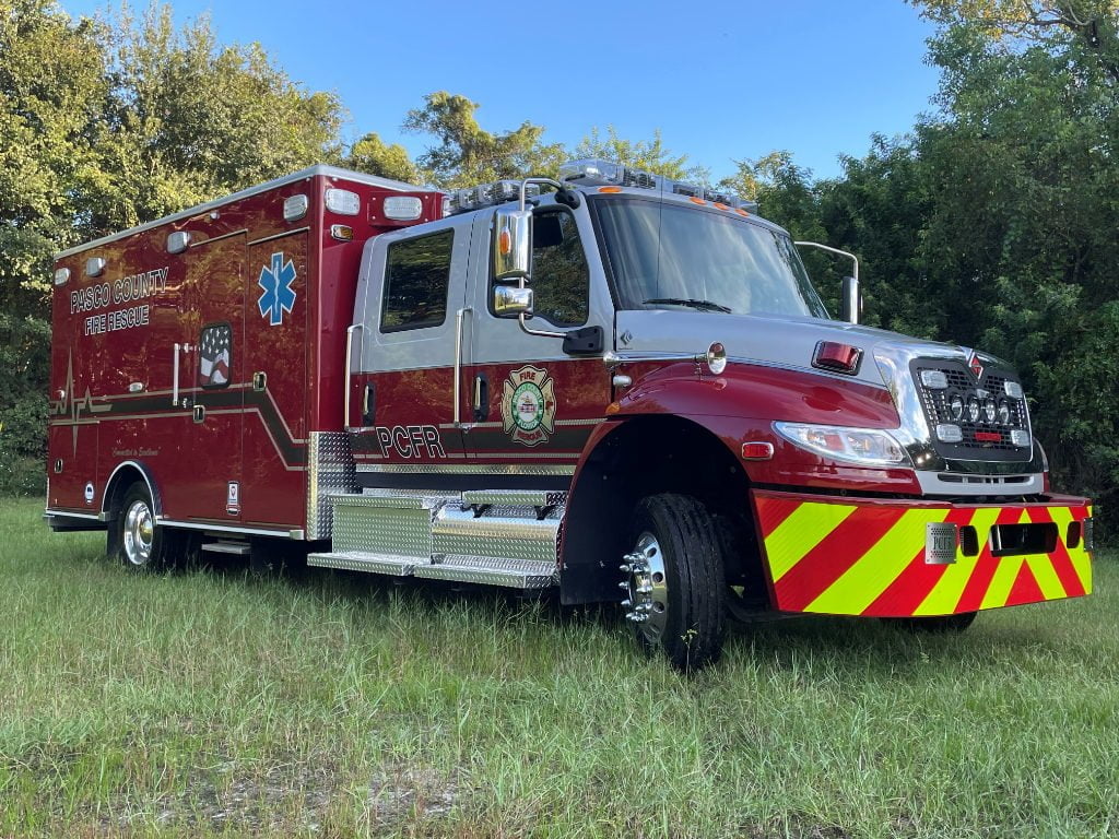 Road Rescue built this Type 1 UltraMedic ambulance on an International MV medium duty chassis and four-person cab for Pasco County (FL) Fire Rescue.