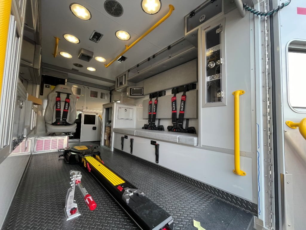 The Horton ambulances have a USSC Valor attendant seat that incorporates a child safety seat, two squad bench seat positions, and a CPR seat, all protected by Per4max four-point harnesses.