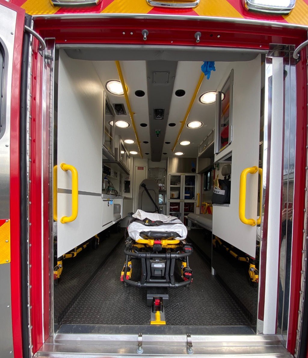 Inside the patient module, the new Bethel-Tate ambulance has a Striker Power-Load and Power-Pro XT cot.