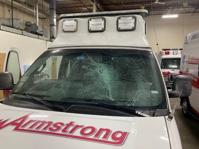 An Armstrong Ambulance's windshield was shattered by a large chunk of ice that flew off another vehicle on I-93 on Saturday, Feb. 5.