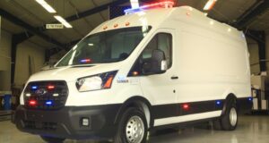 A white electric ambulance before it's painted.
