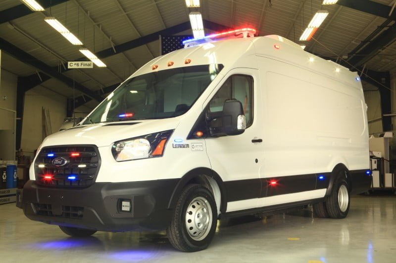 A white electric ambulance before it's painted.