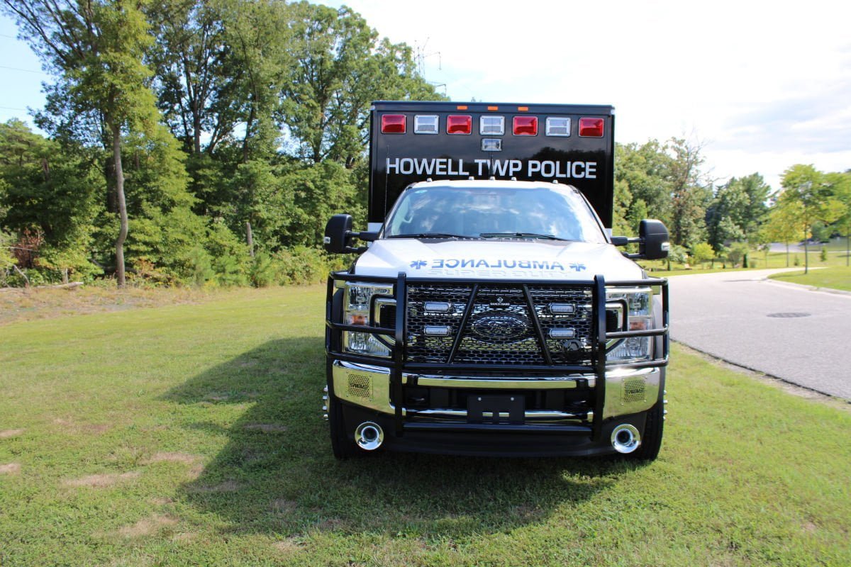 Howell Township's new ambulance has air horns under the front bumper, a Truck Defender front custom push bar, and Bumper Master grill guards.