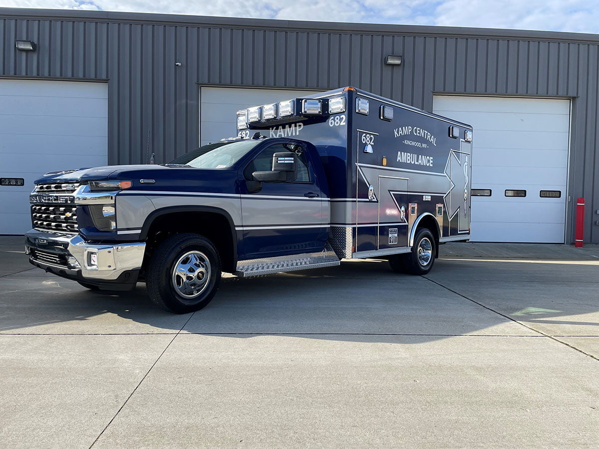 The new KAMP ambulance has a 50,000-btu CoolBar external condensor system, and all Whelen LED warning and scene lighting.
