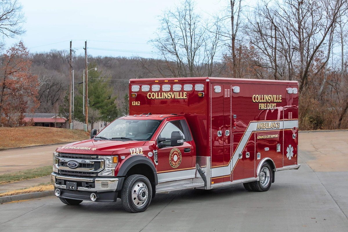 American Emergency Vehicles built this Type 1 Traumahawk ambulance for Collinsville (IL) Fire Department on a Ford F-550 4x4 chassis with a 176-inch long body.