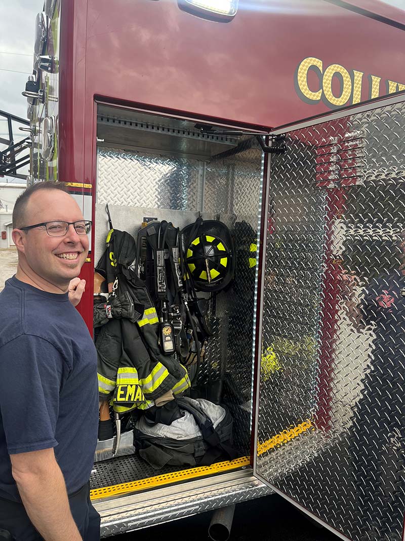 Firefighter turnout gear and SCBAs (self contained breathing apparatus) are kept in exterior compartments on each side of the rig.