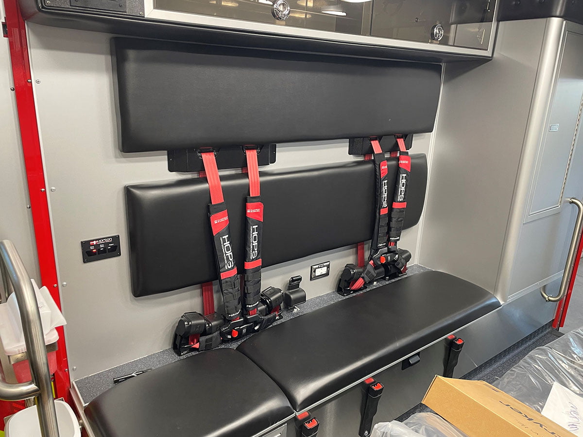 The new Horton Type 1 for Janesville has the Horton Occupant Protection System (HOPS) that includes safety features such as side airbags in the patient module, foam in potential head strike areas, and Per4Max four-point seatbelt harness in all seating positions.