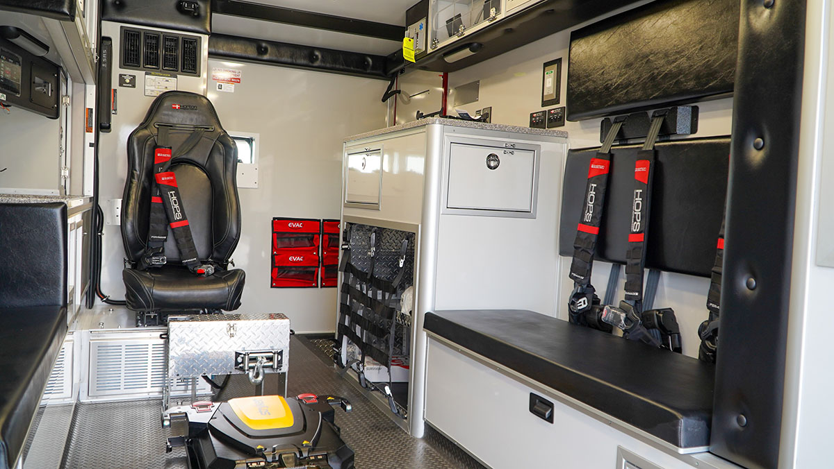 The Horton-built rig has a door forward-design that allows for a squad bench layout with a cabinet to the rear for IV supplies and another cabinet forward of the bench for other medical supplies.