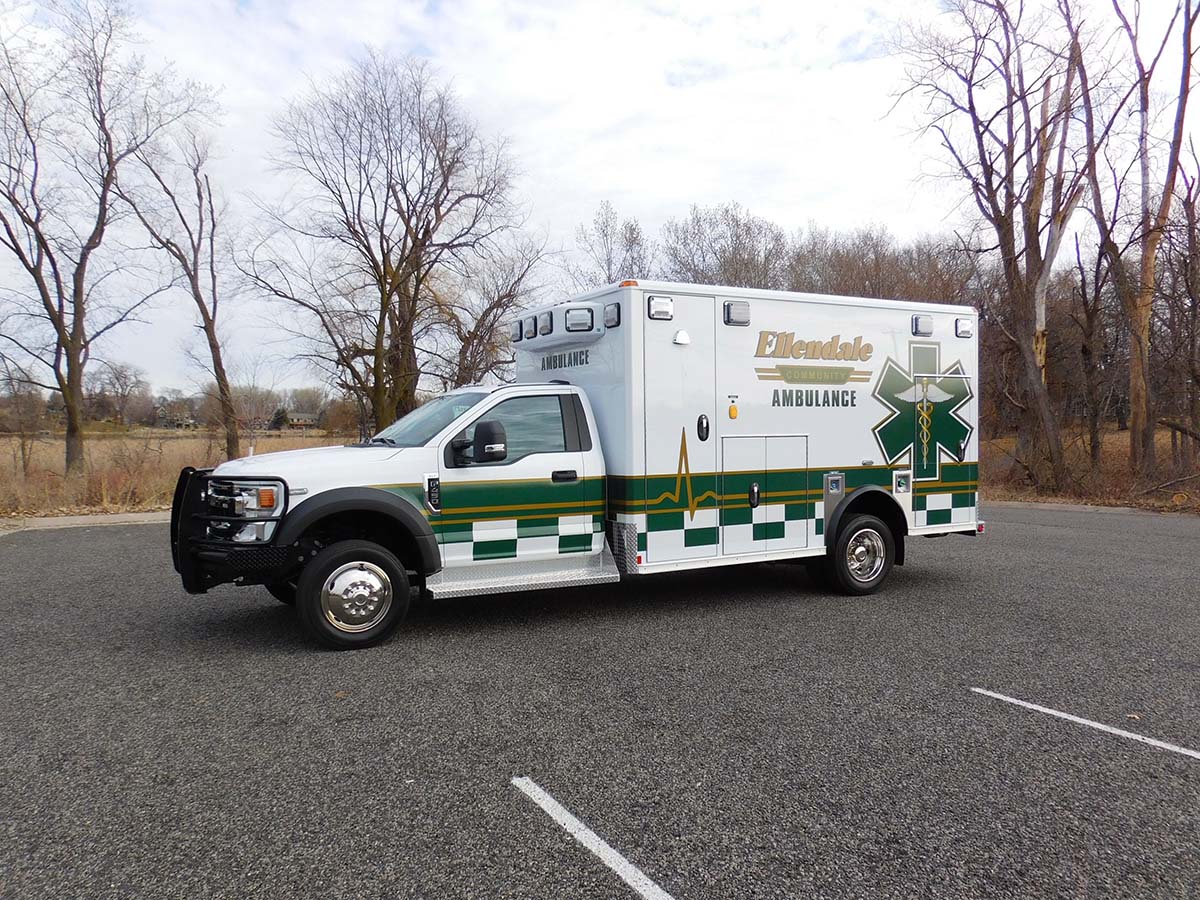 Wheeled Coach built this Type 1 ambulance on a Ford F-450 4x4 chassis for Ellendale (ND) Community Ambulance Service. 