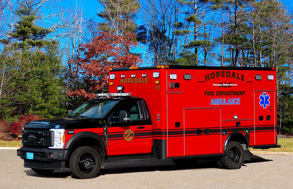 Horton Emergency Vehicles built this Type 1 ambulance on a Ford F-550 4x4 chassis and two person cab for Hopedale (MA) Fire Department.