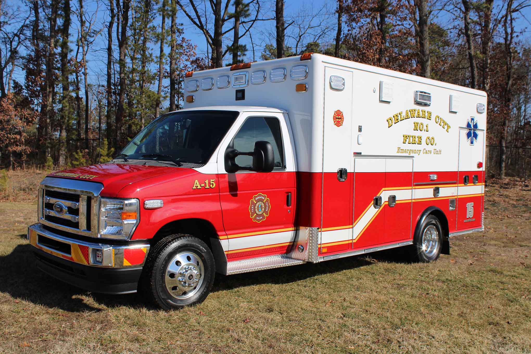 An ambulance parked on grass.