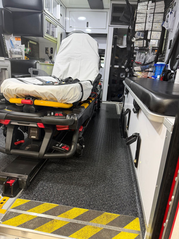 The interior of the patient compartment on one of Watauga County's new AEV Type 1 rigs.