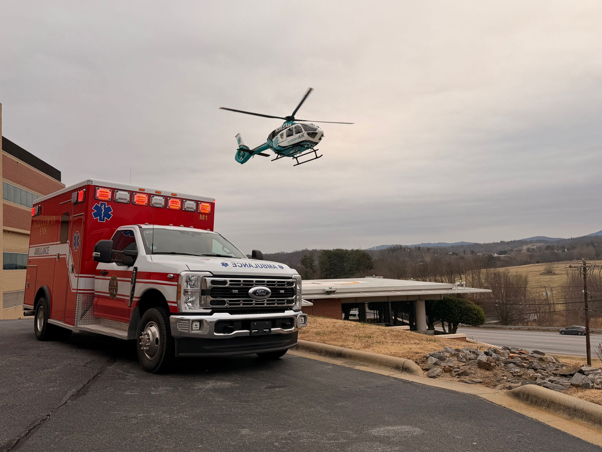 AEV built three Type 1 ambulances on 2025 Ford F-350 two-door cabs and 4×4 chassis for Watauga County (NC) Emergency Services. One of the units is shown here after handing off a patient to a medical flight crew. (Photos courtesy of Watauga County Emergency Services)
