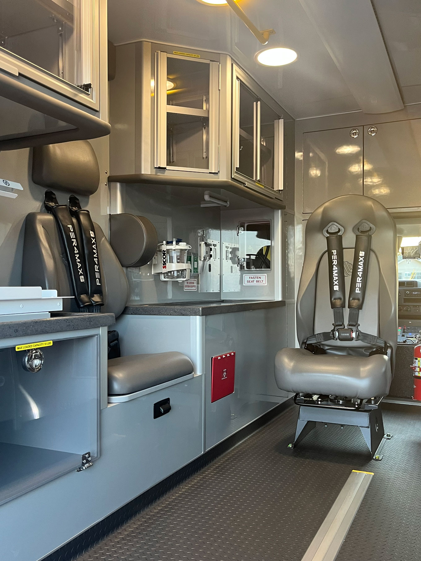 The CPR seat, action area, and attendant's seat in the new Wheeled Coach rig.