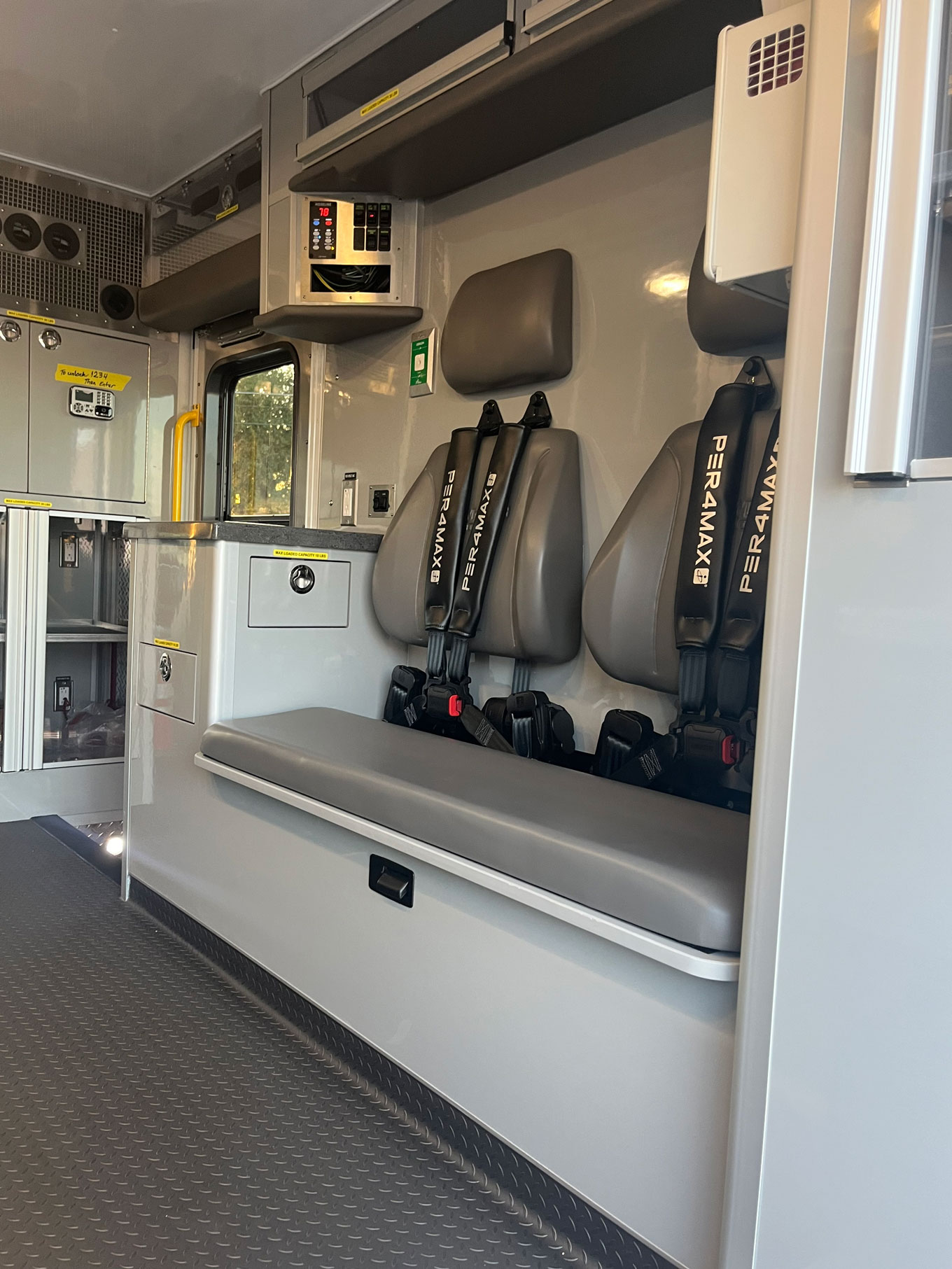 The rig has dual seating in the squad bench area. All seats are protected by Per4Max 4-point harnesses.