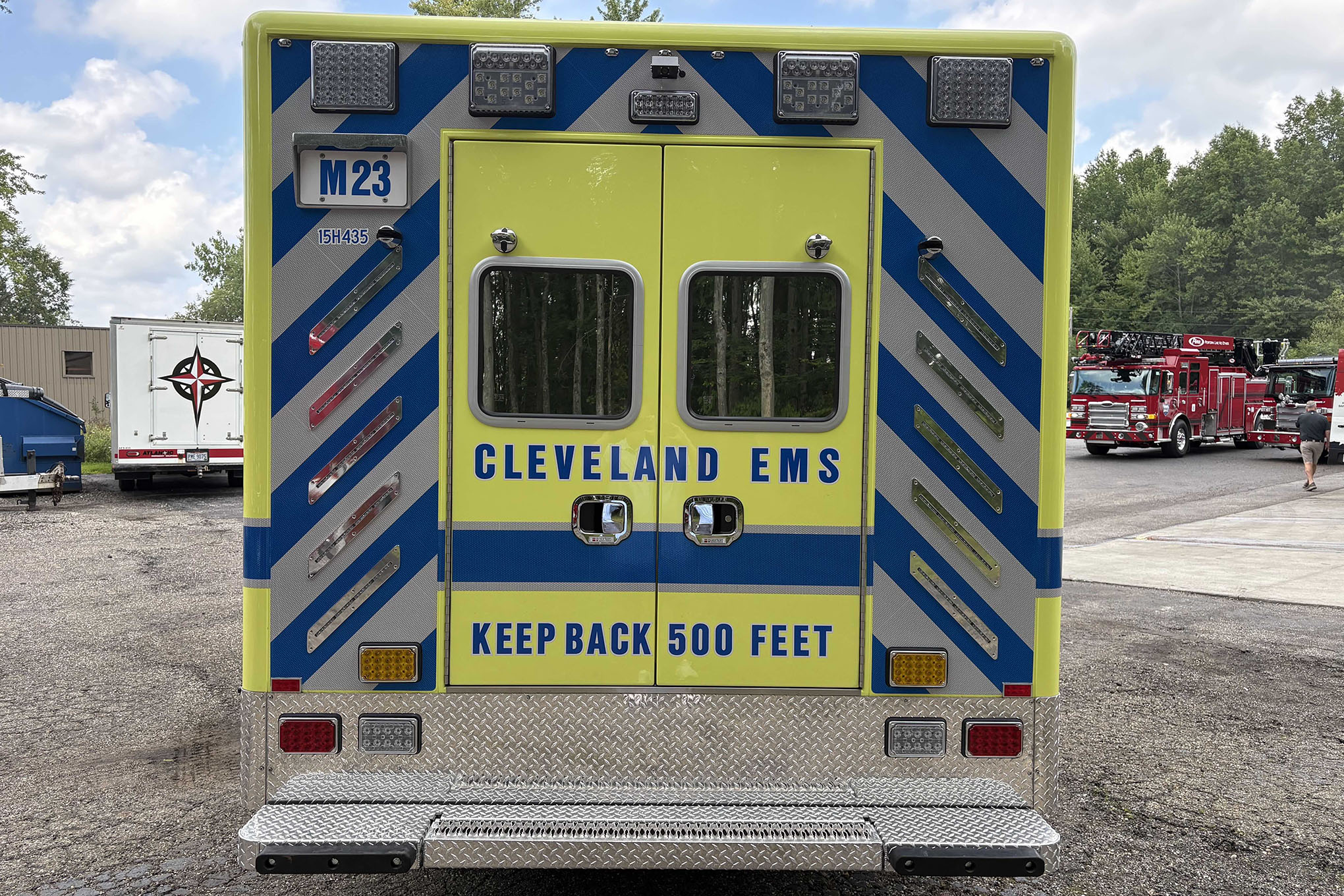 The Horton Emergency Vehicles Type 1 ambulance for Cleveland (OH) EMS has dual-color chevron lighting at the rear, consisting of 12-inch LED light strips, five on each side of the rear doors.