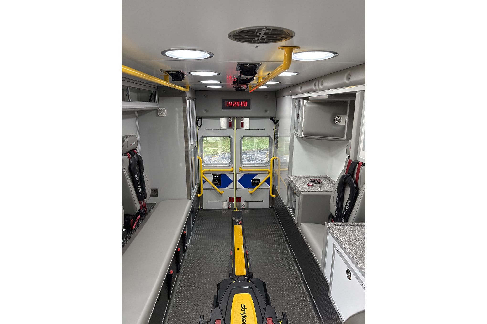 The interior of Cleveland EMS' new Horton Emergency Vehicles Type 1 ambulance, showing a Stryker PowerLOAD system for use with the Stryker PowerPRO XT cot.