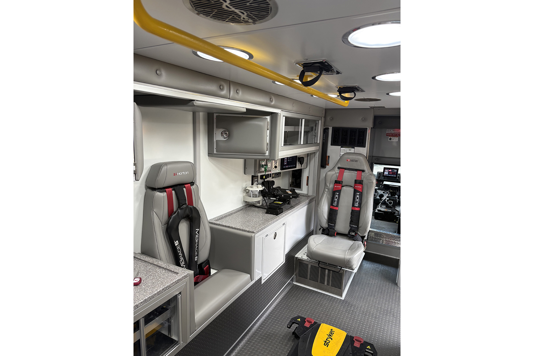 The patient module inside the Cleveland (OH) EMS' new Horton Emergency Vehicles Type 1 ambulance. It features Horton's HOPS safety system with MBrace airbag integration on Per4Max four-point automatic retractors.